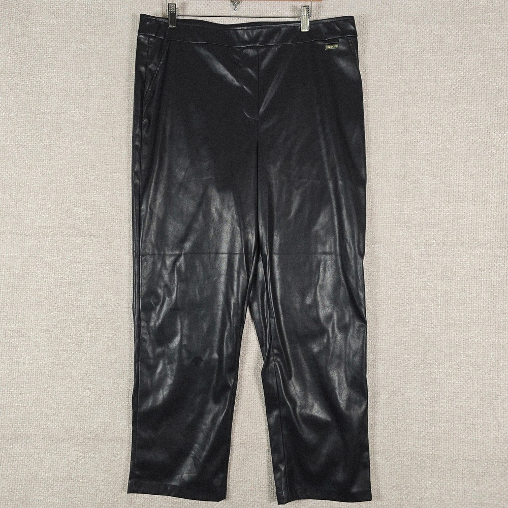 Halston Womens Black Faux Leather Straight Leg Pull On Pants‎ XL High Rise